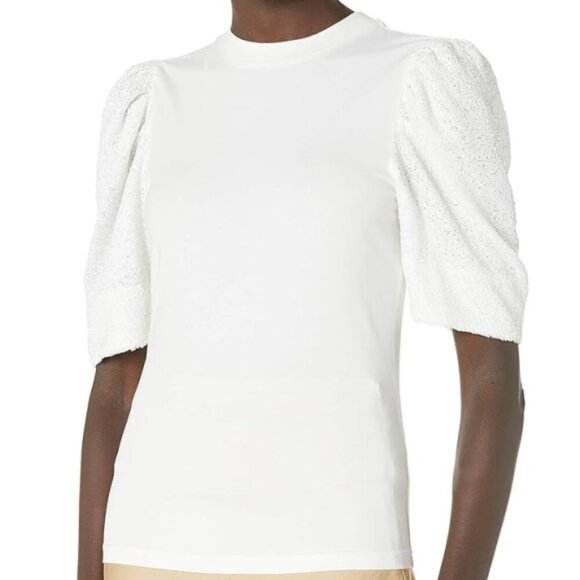 Cinq à Sept 'Kendra' Sequin-Sleeve Stretch Tee Shirt Top, Ivory - Picture 1 of 2